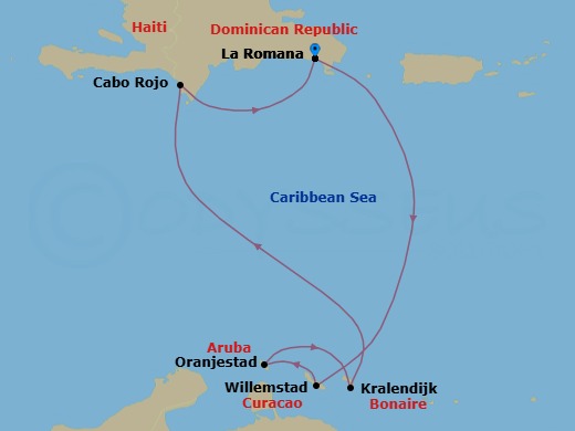 7 Night - Caribbean Roundtrip from La Romana - Costa Fascinosa - Starting in La Romana, Willemstad AN, Curacao, Oranjestad, Aruba, Kralendijk, Cabo Rojo, La Romana itinerary map