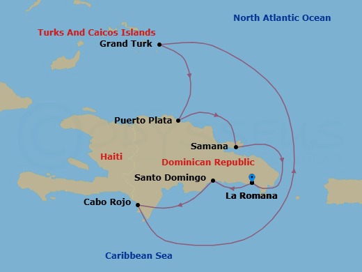7 Night - Caribbean Roundtrip from La Romana - Costa Fascinosa - Starting in La Romana, Santo Domingo, Cabo Rojo, Grand Turk, Puerto Plata, Dominican Republic, Arroyo Barril (Samana), La Romana itinerary map