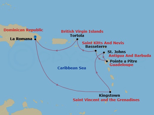 7 Night - Caribbean Roundtrip from La Romana - Costa Fascinosa - Starting in La Romana, Kingstown, Saint Vincent, St Johns AG, Antigua, Pointe-a-Pitre, Basseterre, Saint Kitts, Road Harbour (Tortola), La Romana itinerary map