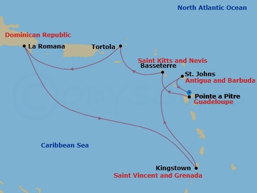 7 Night - Cruise Roundtrip from Pointe a Pitre - Costa Fascinosa - Starting in Pointe-a-Pitre, Basseterre, Saint Kitts, Road Harbour (Tortola), La Romana, Kingstown, Saint Vincent, St Johns AG, Antigua, Pointe-a-Pitre itinerary map