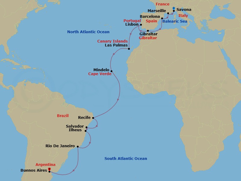 22 Night - Europe from Savona to Buenos Aires - Costa Favolosa - Starting in Savona, Marseille, Barcelona, Gibraltar, Lisbon, Las Palmas (Gran Canaria), Mindelo (Sao Vicente), Recife, Salvador Bahia, Ilheus, Rio De Janeiro, Buenos Aires itinerary map