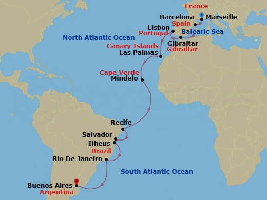 21 Night - Europe from Marseille to Buenos Aires - Costa Favolosa - Starting in Marseille, Barcelona, Gibraltar, Lisbon, Las Palmas (Gran Canaria), Mindelo (Sao Vicente), Recife, Salvador Bahia, Ilheus, Rio De Janeiro, Buenos Aires itinerary map