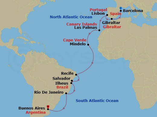20 Night - Europe from Barcelona to Buenos Aires - Costa Favolosa - Starting in Barcelona, Gibraltar, Lisbon, Las Palmas (Gran Canaria), Mindelo (Sao Vicente), Recife, Salvador Bahia, Ilheus, Rio De Janeiro, Buenos Aires itinerary map