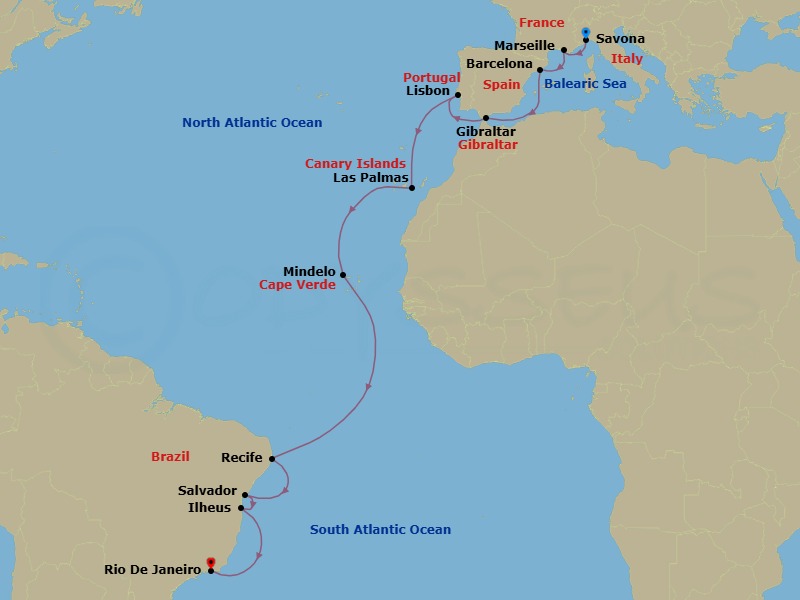 19 Night - Europe from Savona to Rio De Janeiro - Costa Favolosa - Starting in Savona, Marseille, Barcelona, Gibraltar, Lisbon, Las Palmas (Gran Canaria), Mindelo (Sao Vicente), Recife, Salvador Bahia, Ilheus, Rio De Janeiro itinerary map