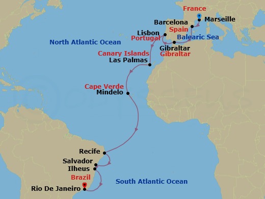 18 Night - Europe from Marseille to Rio De Janeiro - Costa Favolosa - Starting in Marseille, Barcelona, Gibraltar, Lisbon, Las Palmas (Gran Canaria), Mindelo (Sao Vicente), Recife, Salvador Bahia, Ilheus, Rio De Janeiro itinerary map