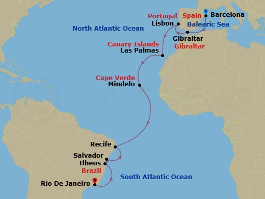 17 Night - Europe from Barcelona to Rio De Janeiro - Costa Favolosa - Starting in Barcelona, Gibraltar, Lisbon, Las Palmas (Gran Canaria), Mindelo (Sao Vicente), Recife, Salvador Bahia, Ilheus, Rio De Janeiro itinerary map