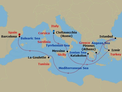 11 Night - Cruise from Rome (Civitavecchia) to Barcelona - Costa Favolosa - Starting in Civitavecchia (Rome), Messina (Taormina), Izmir, Istanbul, Piraeus (Athens), Katakolon (Olympia), La Goulette (Tunis), Barcelona itinerary map