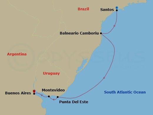 5 Night - South America - MSC Seaview - Starting in Santos (Sao Paulo), Brazil, Camboriu, Brazil, Punta Del Este, Uruguay, Montevideo, Uruguay, Buenos Aires, Argentina itinerary map