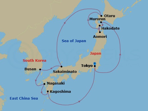 12 Night - Hokkaido Cherry Blossoms - Diamond Princess - Starting in Tokyo, Japan, Muroran, Japan, Hakodate, Japan, Aomori, Japan, Otaru, Japan, Sakaiminato, Japan, Busan, South Korea, Nagasaki, Japan, Kagoshima, Japan, Tokyo, Japan itinerary map