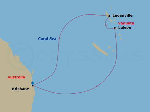 7 Night - Royal Beach Club Lelepa & South Pac - Voyager of the Seas - Starting in Brisbane, Australia, Luganville, Vanuatu, Royal Beach Club Lelepa, Brisbane, Australia itinerary map