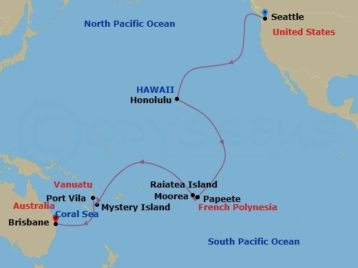 25 Night - Transpacific Cruise - Voyager of the Seas - Starting in Seattle, Washington, Honolulu, Oahu, Hawaii, Moorea, French Polynesia, Papeete, Tahiti, Raiatea, French Polynesia, International Dateline, Mystery Island, Vanuatu, Vila, Vanuatu itinerary map