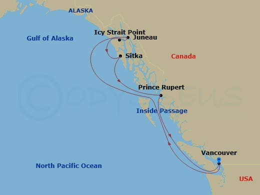7 Night - Alaska Inside Passage Cruise - Serenade of the Seas - Starting in Vancouver, British Columbia, Inside Passage (Cruising), Juneau, Alaska, Icy Strait Point, Alaska, Sitka, Alaska, Prince Rupert, BC, Vancouver, British Columbia itinerary map