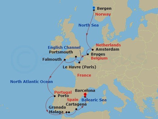 14 Night - Trade Routes of the Middle Ages - Viking Libra - Starting in Bergen, Sail the North Sea, Amsterdam, Bruges (Zeebrugge), Paris (Le Havre), Portsmouth UK, Falmouth, Sail the Atlantic Ocean, Porto, Sail the Atlantic Ocean, Granada (Malaga), Murcia (Cartagena ES, Spain), Barcelona itinerary map