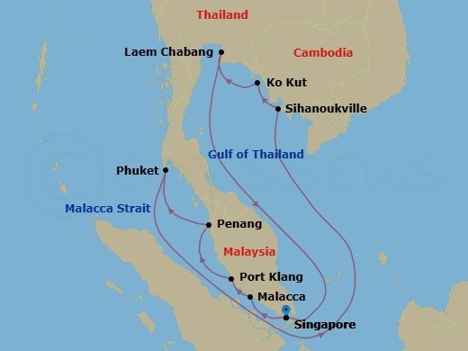 14 Night - Gulf of Thailand & Malaysian Peninsula - Seabourn Encore - Starting in Singapore, Malacca, Malaysia, Port Klang (Kuala Lumpur), Malaysia, Penang, Malaysia, Phuket, Thailand, Sihanoukville, Cambodia, Ko Kood, Thailand, Laem Chabang (Bangkok), Thailand, Singapore itinerary map