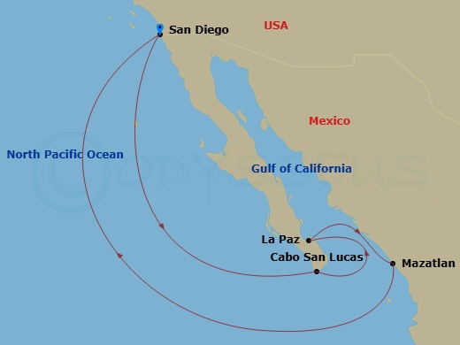 7 Night - Mexican Riviera - Zaandam - Starting in San Diego, California, Cabo San Lucas, Mexico, Pichilingue (La Paz), Mexico, Mazatlan, Mexico, San Diego, California itinerary map