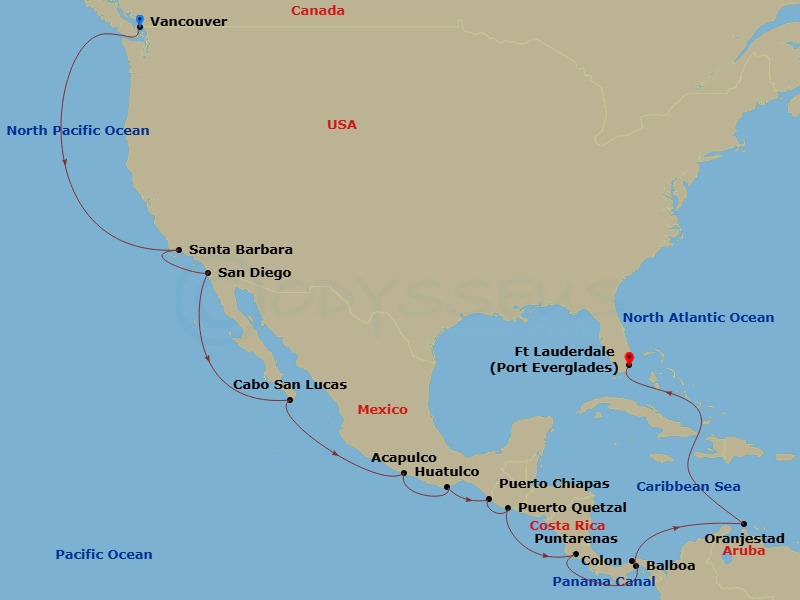 20 Night - Panama Canal - Eurodam - Starting in Vancouver, BC, CA, Santa Barbara, California, San Diego, California, Cabo San Lucas, Mexico, Acapulco, Guerrero, Mexico, Huatulco, Mexico, Puerto Chiapas, Mexico, Puerto Quetzal, Guatemala, Puntarenas (Puerto Caldera), Costa Rica, Enter Panama Canal Balboa, Cruising Panama Canal, Exit Panama Canal Cristobal, Oranjestad, Aruba, Fort Lauderdale, Florida itinerary map