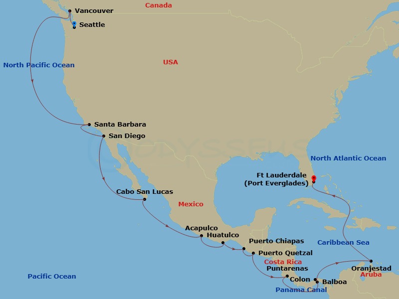 21 Night - Panama Canal - Eurodam - Starting in Seattle, Washington, Vancouver, BC, CA, Santa Barbara, California, San Diego, California, Cabo San Lucas, Mexico, Acapulco, Guerrero, Mexico, Huatulco, Mexico, Puerto Chiapas, Mexico, Puerto Quetzal, Guatemala, Puntarenas (Puerto Caldera), Costa Rica, Enter Panama Canal Balboa, Cruising Panama Canal, Exit Panama Canal Cristobal, Oranjestad, Aruba, Fort Lauderdale, Florida itinerary map