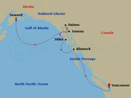 7 Night - Seward (Anchorage to Vancouver) - Silver Whisper - Starting in Seward (Anchorage, Alaska), Cruise Hubbard Glacier, Alaska, Juneau, Alaska, Haines, Alaska, Sitka, Alaska, Klawock, Alaska, Cruise British Columbia Inside Passage, Vancouver itinerary map