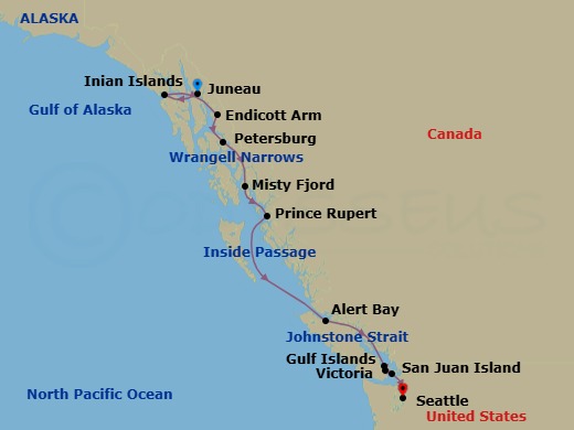 12 Night - Treasures of the Inside Passage - National Geographic Venture - Starting in Juneau, Alaska / Embark Ship, Inian Islands / Icy Strait, Endicott Arm, Petersburg / Wrangell Narrows, Misty Fjords, Alaska, Prince Rupert, British Columbia, Inside Passage of British Columbia, Alert Bay and Johnstone Strait, Sunshine Coast, Victoria CA, San Juan Islands, Washington, Seattle / Disembark Ship itinerary map