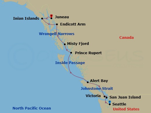 12 Night - Treasures of the Inside Passage - National Geographic Venture - Starting in Seattle, Washington / Embark Ship, San Juan Islands, Victoria CA, Canada, Sunshine Coast, Alert Bay and Johnstone Strait, British Columbia, Inside Passage of British Columbia, Prince Rupert, British Columbia, Misty Fjords, Alaska, Wrangell Narrows / Petersburg, Endicott Arm, Inian Islands / Icy Strait, Juneau, Alaska / Disembark Ship itinerary map