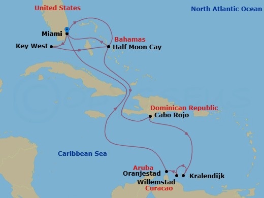 14 Night - Eastern & Southern Caribbean : Key West & Abc Islands - Zuiderdam - Starting in Miami, Florida, Key West, Florida, RelaxAway, Half Moon Cay, Bahamas, Miami, Florida, RelaxAway, Half Moon Cay, Bahamas, Cabo Rojo, Dominican Republic, Kralendijk, Bonaire, Willemstad AN, Curacao, Oranjestad, Aruba, Miami, Florida itinerary map