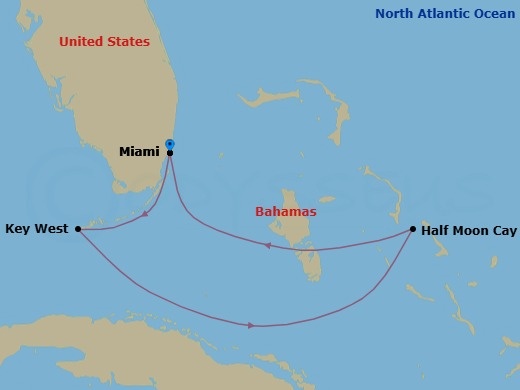 4 Night - Caribbean Getaway : Key West & Bahamas - Zuiderdam - Starting in Miami, Florida, Key West, Florida, RelaxAway, Half Moon Cay, Bahamas, Miami, Florida itinerary map