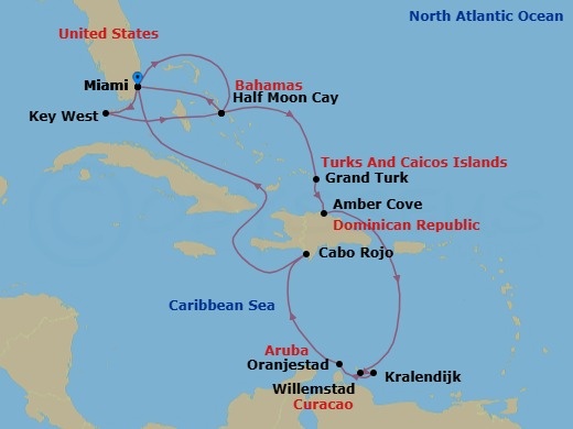 15 Night - Eastern & Southern Caribbean : Key West & Abc Islands - Zuiderdam - Starting in Miami, Florida, RelaxAway, Half Moon Cay, Bahamas, Grand Turk, Turks and Caicos, Amber Cove, Dominican Republic, Willemstad AN, Curacao, Kralendijk, Bonaire, Oranjestad, Aruba, Cabo Rojo, Dominican Republic, Miami, Florida, Key West, Florida, RelaxAway, Half Moon Cay, Bahamas, Miami, Florida itinerary map