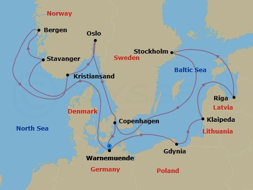 14 Night - Northern Europe - MSC Magnifica - Starting in Warnemunde (Berlin), Germany, Stavanger (Lysefijord), Norway, Bergen, Norway, Kristiansand, Norway, Oslo, Norway, Copenhagen, Denmark, Warnemunde (Berlin), Germany, Gdynia (Gdansk), Poland, Klaipeda, Lithuania, Riga, Latvia, Stockholm, Sweden, Copenhagen, Denmark, Warnemunde (Berlin), Germany itinerary map
