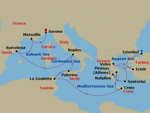 14 Night - Central Mediterranean from Istanbul to Savona - Costa Pacifica - Starting in Istanbul, Izmir, Volos (Meteora), Thira (Santorini), Nafplion, Piraeus (Athens), Souda Bay (Crete), La Goulette (Tunis), Palermo, Naples, Barcelona, Marseille, Savona itinerary map