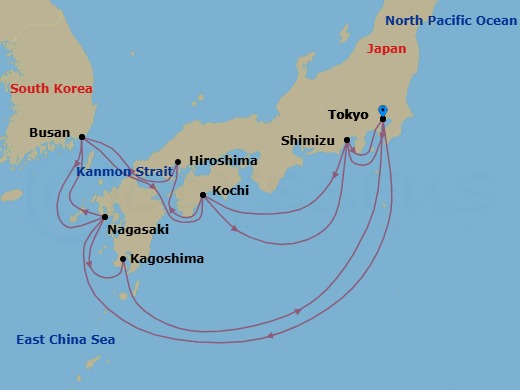 16 Night - Grand Japan - Diamond Princess - Starting in Tokyo, Japan, Nagasaki, Japan, Busan, South Korea, Kanmon Straits, Japan, Kochi, Japan, Shimizu (for Mount Fuji), Japan, Tokyo, Japan, Shimizu (for Mount Fuji), Japan, Kochi, Japan, Hiroshima, Japan, Kanmon Straits, Japan, Busan, South Korea, Nagasaki, Japan, Kagoshima, Japan, Tokyo, Japan itinerary map