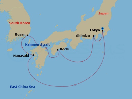 7 Night - Japan Explorer - Diamond Princess - Starting in Tokyo, Japan, Nagasaki, Japan, Busan, South Korea, Kanmon Straits, Japan, Kochi, Japan, Shimizu (for Mount Fuji), Japan, Tokyo, Japan itinerary map