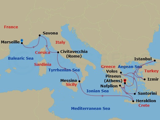 13 Night - Mediterranean from Marseille to Athens (Piraeus) - Costa Pacifica - Starting in Marseille, Savona, Civitavecchia (Rome), Messina (Taormina), Heraklion (Crete), Piraeus (Athens), Istanbul, Izmir, Volos (Meteora), Thira (Santorini), Nafplion, Piraeus (Athens) itinerary map
