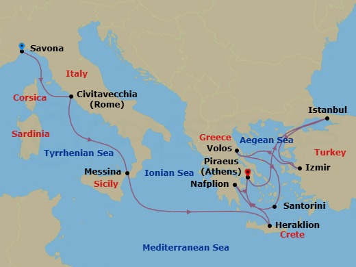12 Night - Mediterranean from Savona to Athens (Piraeus) - Costa Pacifica - Starting in Savona, Civitavecchia (Rome), Messina (Taormina), Heraklion (Crete), Piraeus (Athens), Istanbul, Izmir, Volos (Meteora), Thira (Santorini), Nafplion, Piraeus (Athens) itinerary map