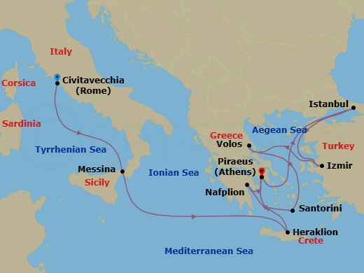 11 Night - Mediterranean from Rome (Civitavecchia) to Athens (Piraeus) - Costa Pacifica - Starting in Civitavecchia (Rome), Messina (Taormina), Heraklion (Crete), Piraeus (Athens), Istanbul, Izmir, Volos (Meteora), Thira (Santorini), Nafplion, Piraeus (Athens) itinerary map