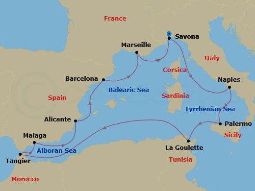 11 Night - Mediterranean Roundtrip from Savona - Costa Pacifica - Starting in Savona, Naples, Palermo, La Goulette (Tunis), Tangier, Malaga, Alicante, Barcelona, Marseille, Savona itinerary map