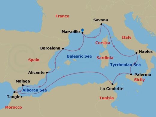 11 Night - Western Mediterranean Roundtrip from Marseille - Costa Pacifica - Starting in Marseille, Savona, Naples, Palermo, La Goulette (Tunis), Tangier, Malaga, Alicante, Barcelona, Marseille itinerary map