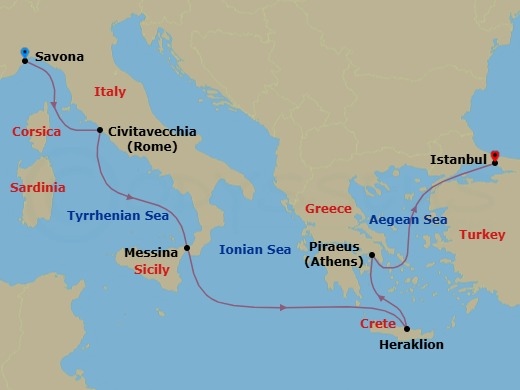 7 Night - Southern Europe from Savona to Istanbul - Costa Pacifica - Starting in Savona, Civitavecchia (Rome), Messina (Taormina), Heraklion (Crete), Piraeus (Athens), Istanbul itinerary map