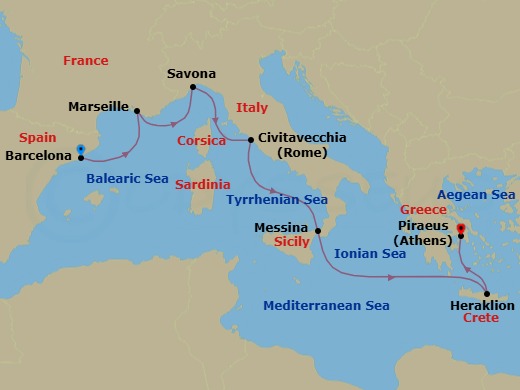 7 Night - Mediterranean from Barcelona to Athens (Piraeus) - Costa Pacifica - Starting in Barcelona, Marseille, Savona, Civitavecchia (Rome), Messina (Taormina), Heraklion (Crete), Piraeus (Athens) itinerary map