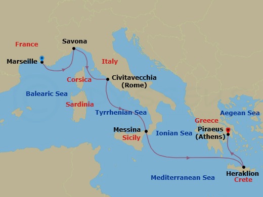 6 Night - Mediterranean from Marseille to Athens (Piraeus) - Costa Pacifica - Starting in Marseille, Savona, Civitavecchia (Rome), Messina (Taormina), Heraklion (Crete), Piraeus (Athens) itinerary map