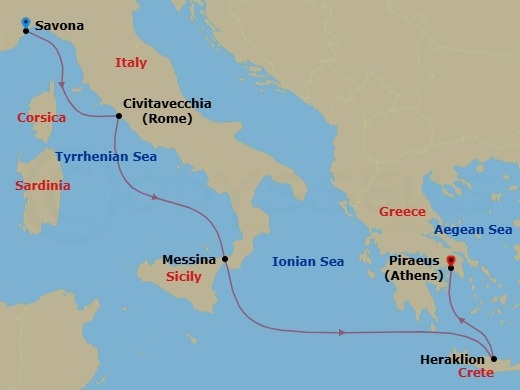 5 Night - Mediterranean from Savona to Athens (Piraeus) - Costa Pacifica - Starting in Savona, Civitavecchia (Rome), Messina (Taormina), Heraklion (Crete), Piraeus (Athens) itinerary map