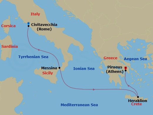 4 Night - Mediterranean from Rome (Civitavecchia) to Athens (Piraeus) - Costa Pacifica - Starting in Civitavecchia (Rome), Messina (Taormina), Heraklion (Crete), Piraeus (Athens) itinerary map