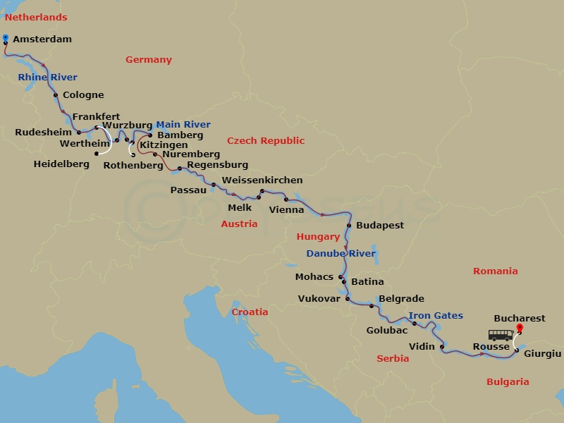 23 Night - Ultimate European Journey - S.S. Marlene Tours - Starting in Amsterdam, Cologne, Rudesheim, Frankfurt (Heidelberg), Wertheim, Wurzburg, Cruising the Main River, Kitzingen (Rothenburg), Bamberg, Nuremberg, Cruising the Main-Danube Canal, Regensburg, Passau, Weissenkirchen (Melk), Tulln, Vienna, Budapest, Batina (Osijek), Vukovar, Belgrade, Golubac, Cruising the Iron Gates, Vidin, Ruse, Giurgiu, Transfer to Bucharest, Bucharest itinerary map