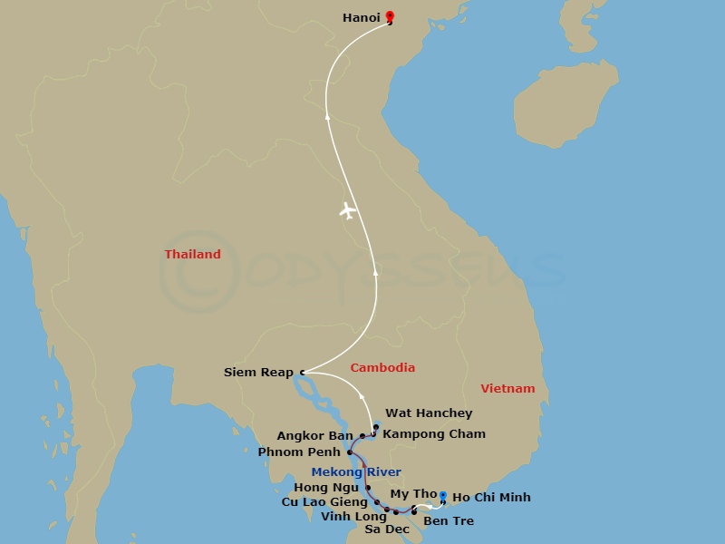 14 Night - Timeless Wonders of Vietnam, Cambodia & the Mekong - Mekong Jewel Tours - Starting in Ho Chi Minh City, Vietnam, Ho Chi Minh City, Ho Chi Minh City, Transfer to My Tho, Tien Loi (Ben Tre), Tien Loi (Ben Tre), Vinh Long, Sa Dec, Sa Dec, Gieng Island, Hong Ngu, Cruising the Mekong River, Hong Ngu, Cruising the Mekong River, Phnom Penh, Phnom Penh, Phnom Penh, Cruising the Mekong River, Angkor Ban, Angkor Ban, Wat Hanchey, Kampong Cham, Kampong Cham, Transfer to Siem Reap, Siem Reap, Siem Reap, Fly to Hanoi, Hanoi itinerary map