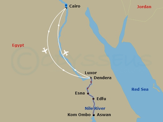 11 Night - Splendors of Egypt & the Nile - River Tosca Tours - Starting in Cairo, Cairo, Fly to Luxor Cruising the Nile River, Dendera, Dendera, Cruising the Nile River, Luxor, Luxor, Cruising the Nile River, Kom Ombo, Kom Ombo, Cruising the Nile River, Aswan, Aswan, Aswan, Cruising the Nile River, Edfu, Esna, Cruising the Nile River, Luxor, Luxor, Fly to Cairo, Cairo, Depart Cairo itinerary map
