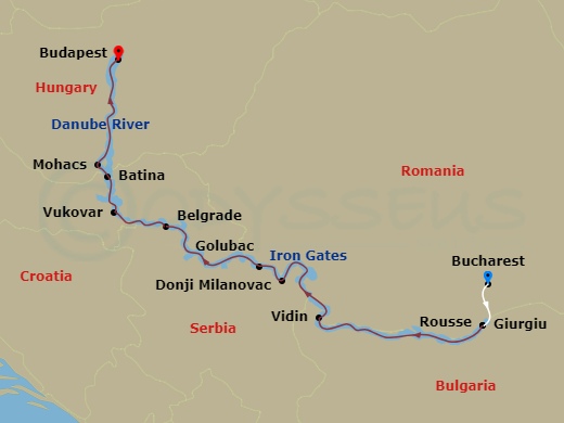 9 Night - Highlights of Eastern Europe - S.S. Beatrice Tours - Starting in Bucharest, Bucharest, Transfer to Giurgiu, Ruse, Vidin, Cruising the Iron Gates, Donji Milanovac, Golubac, Belgrade, Ilok, Aljmas, Budapest itinerary map