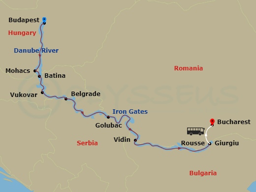 9 Night - Highlights of Eastern Europe - S.S. Marlene Tours - Starting in Budapest, Batina (Osijek), Vukovar, Belgrade, Golubac, Cruising the Iron Gates, Vidin, Ruse, Giurgiu, Transfer to Bucharest, Bucharest itinerary map