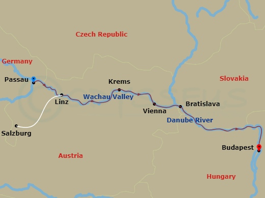 7 Night - Danube Holiday Markets - S.S. Marlene - Starting in Passau, Linz (Salzburg), Cruising the Wachau Valley, Krems, Vienna, Cruising the Danube River, Bratislava, Budapest itinerary map
