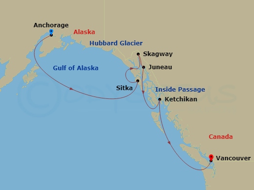 7 Night - Symphony of Ice - Seven Seas Splendor - Starting in Anchorage (Whittier), Cruising Hubbard Glacier, Sitka, Skagway, Juneau, Ketchikan, Cruising the Inside Passage, Vancouver itinerary map