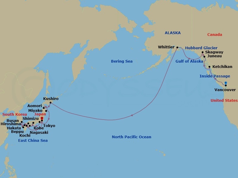 30 Night - Asia Unveiled - Seven Seas Splendor - Starting in Vancouver, Cruising the Inside Passage, Ketchikan, Juneau, Skagway, Cruising Hubbard Glacier, Anchorage (Whittier), Cruising the Pacific Ocean, Cross the International Date Line, Cruising the Pacific Ocean, Kushiro, Aomori, Miyako, Cruising the Pacific Ocean, Tokyo, Shimizu, Cruising the Philippine Sea, Kyoto (Kobe), Kochi, Hiroshima, Cruising the Kanmon Straits, Busan, Nagasaki, Hakata, Cruising the Kanmon Straits, Beppu, Cruising the Philippine Sea, Tokyo itinerary map