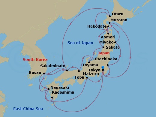 24 Night - Grand Japan Cherry Blossoms - Diamond Princess - Starting in Tokyo, Japan, Toba, Japan, Nagasaki, Japan, Busan, South Korea, Sakaiminato, Japan, Maizuru, Japan, Toyama (Fushiki), Japan, Sakata, Japan, Hakodate, Japan, Miyako, Japan, Hitachinaka (for Nikko), Japan, Tokyo, Japan, Muroran, Japan, Hakodate, Japan, Aomori, Japan, Otaru, Japan, Sakaiminato, Japan, Busan, South Korea, Nagasaki, Japan, Kagoshima, Japan, Tokyo, Japan itinerary map